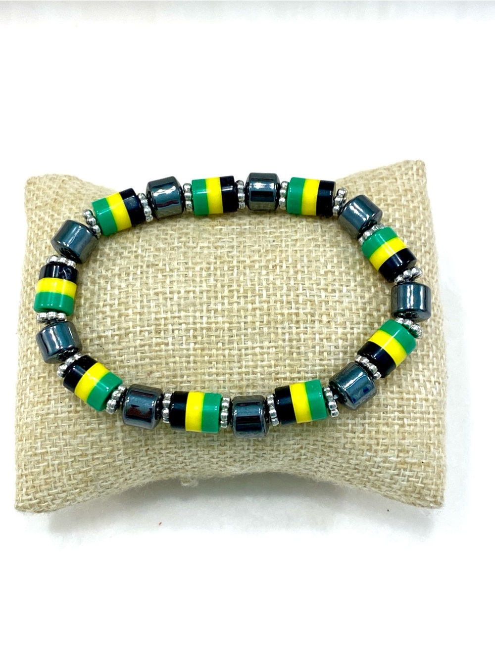 Rasta Color Striped Bead Hematite Stretch Bracelet Green Yellow Black Stack